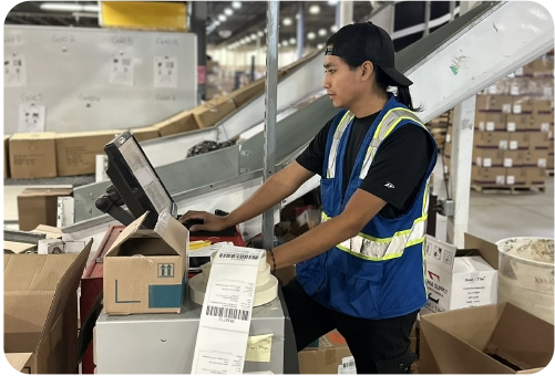 Warehouse associate operating logistics equipment in a Central Ohio manufacturing facility, emphasizing efficient fulfillment and distribution capabilities.
